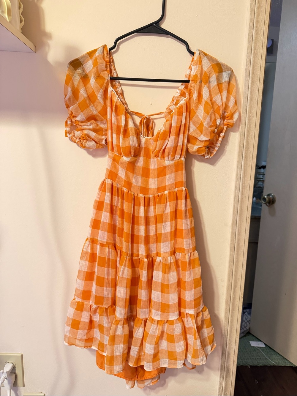 Orange Gingham Puff Sleeve Tiered Midi Dress